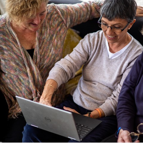 3 ladies attending a GetSetUp class on a laptop